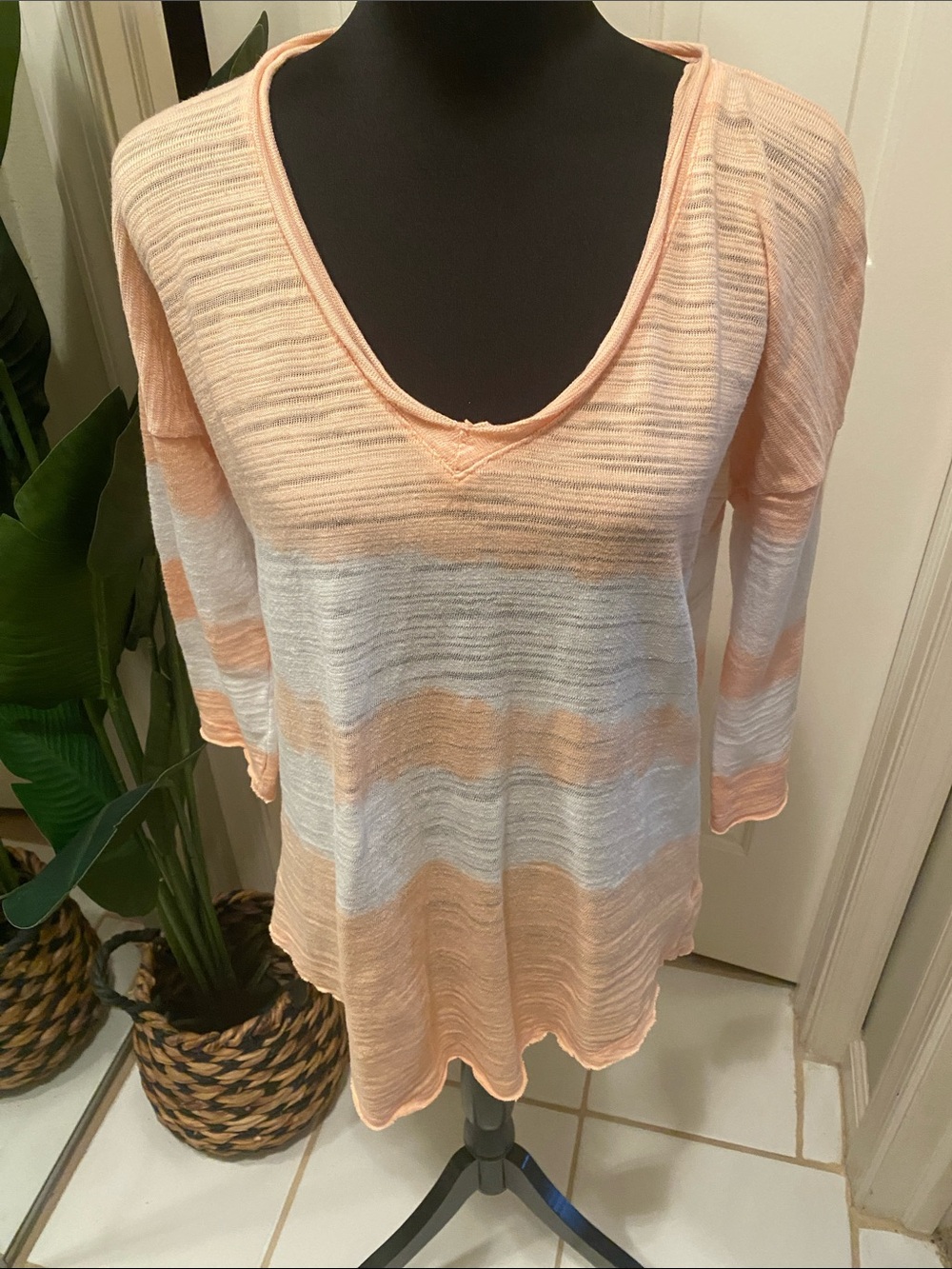 Mudd Peach and White Striped V-Neck Tank Top